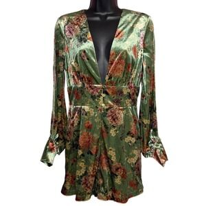 Velvet Floral Romper‎ Women's Small Plunge Front Adelyn Rae Long Sleeve Green